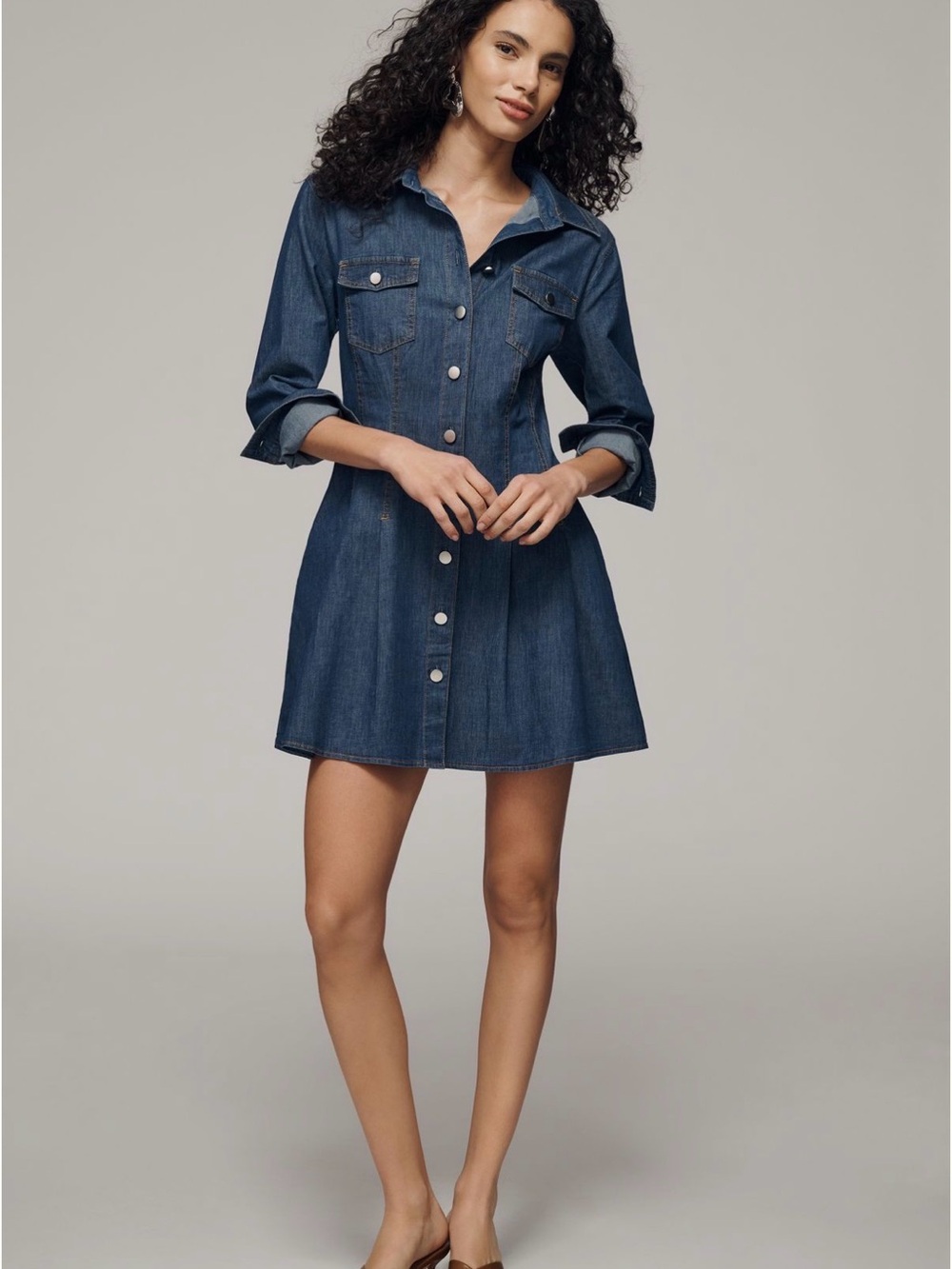 NWT Exquise Long-Sleeve Waisted Denim Mini Shirtdress Size S